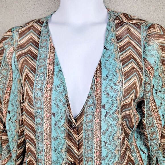 Emma James Top Womens Large Turquoise Brown Sheer Button-Up Lagenlook - Picture 5 of 14